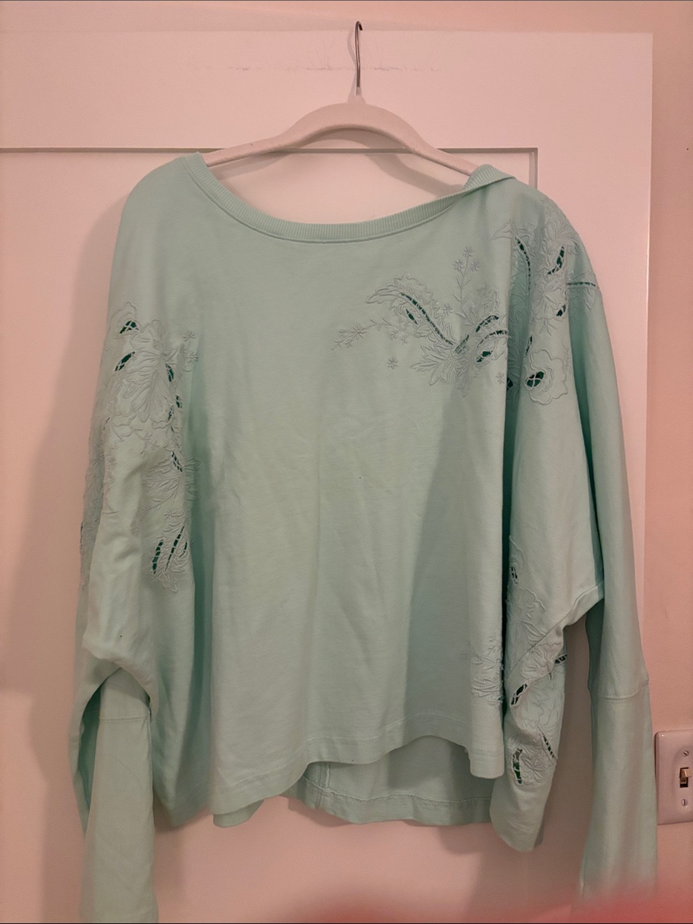 Anthropologie Mint Green Embroidered Long-Sleeve Sweatshirt